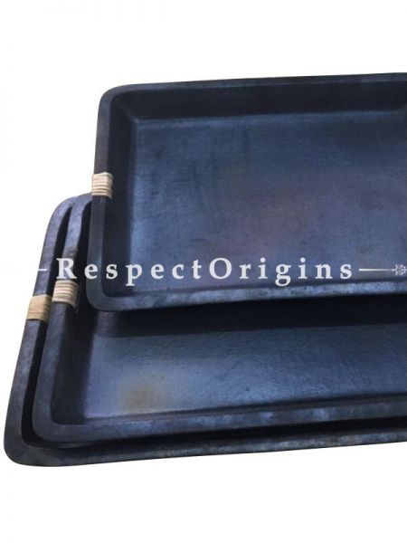 Set of 3 Rectangular Longpi Black Pottery Serving Tray Set; Chemical Free; Large -10 x 8 x 1.5 In. Medium - 8 x 6.7 x 1.5 In. Small - 6.5 x 6 x 1.5 In.; RespectOrigins.com