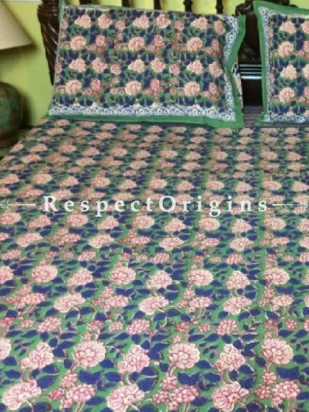 Buy Block Print; Bagru or Sanganer; Green Cotton Block Print Bedspread; 2 Pillow Cases included; 90x108 in At RespectOrigins.com
