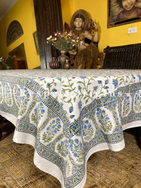 Le Provence Collection! Classic Blue, Greens on White Hand-printed Floral Cotton Tablecloth for Al Fresco or Indoor Dining.; RespectOrigins.com