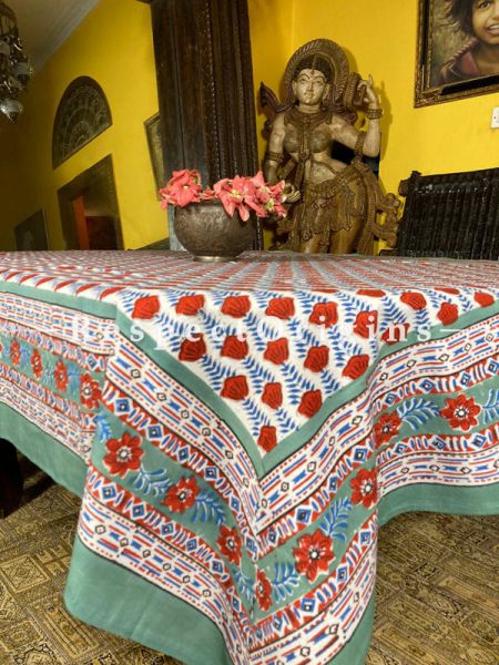 Le Provence Collection! Deep Red, Blue on White Block-printed Floral Cotton Tablecloth for Al Fresco or Indoor Dining.; RespectOrigins.com