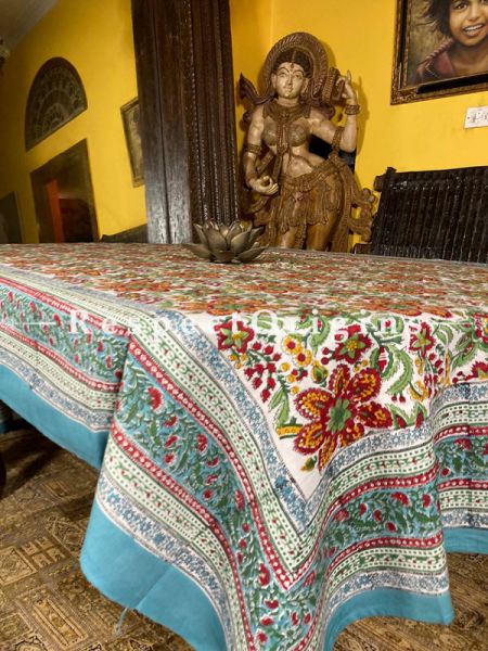 Le Provence Collection! Floribunda. Block-printed Floral Cotton Tablecloth for Al Fresco or Indoor Dining. Ideal Gift.; RespectOrigins.com