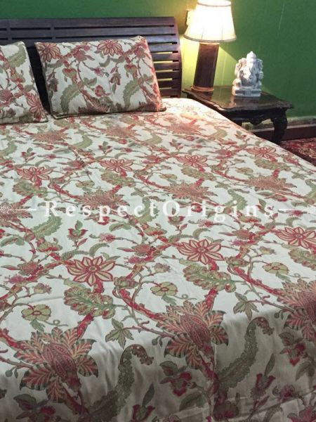 Buy Block Printing; Bagru or sanganer; Floral Multi-coloured; Cotton Bedspread; 2 Pillow Cases included; 90x108 in At RespectOrigins.com