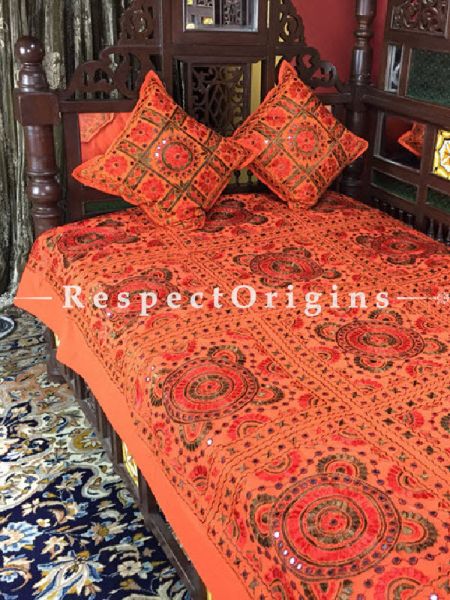 Buy Orange with green, Grandeur in Mirror work; Cotton Single Bed Cover; 2 Cushion Cover included; 56x85 in At RespectOrigins.com