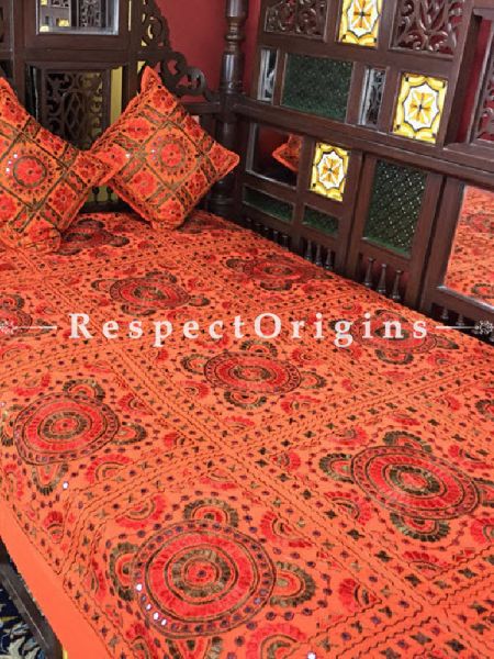 Buy Orange with green, Grandeur in Mirror work; Cotton Single Bed Cover; 2 Cushion Cover included; 56x85 in At RespectOrigins.com