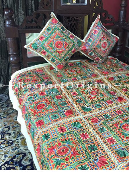 Buy Cream Base Grandeur in Mirror work; Cotton Single Bed Cover; 2 Cushion Cover included; 56x85 in At RespectOrigins.com