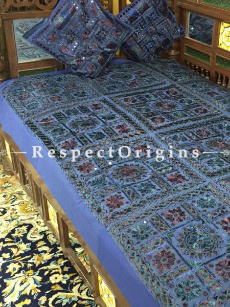 Buy Blue Grandeur in Mirror work; Cotton Single Bed Cover; 2 Cushion Cover included; 56x85 in At RespectOrigins.com
