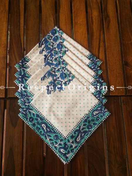 Buy Hand Block Printed Thick Floral Design Cotton Washable Table Mat Set with Runner and Coasters; Blue & Green On White Base At RespectOrigins.com