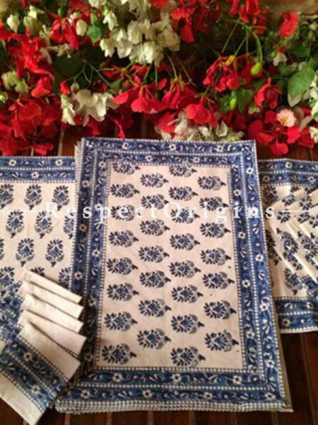 Buy Hand Block Printed Thick Floral Design Cotton Washable Table Mat Set with Runner and Coasters; Blue On White Base At RespectOrigins.com