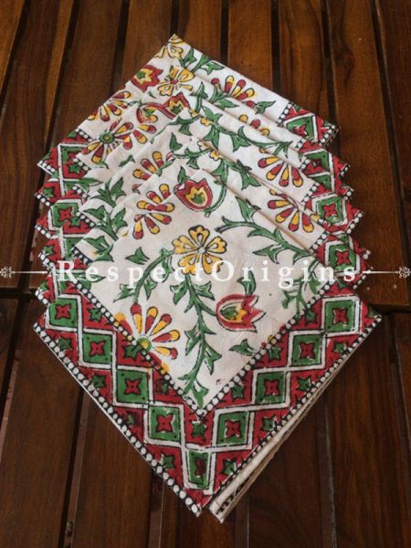 Buy Hand Block Printed Thick Floral Design Cotton Washable Table Mat Set with Runner and Coasters; Green