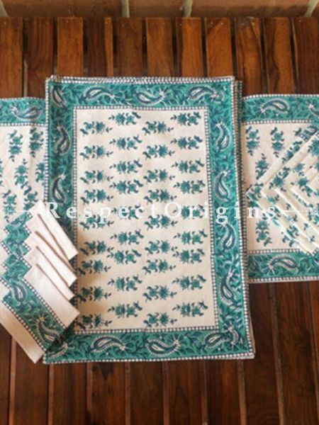 Buy Hand Block Printed Thick Floral Design Cotton Washable Table Mat Set with Runner and Coasters; Green On White Base At RespectOrigins.com