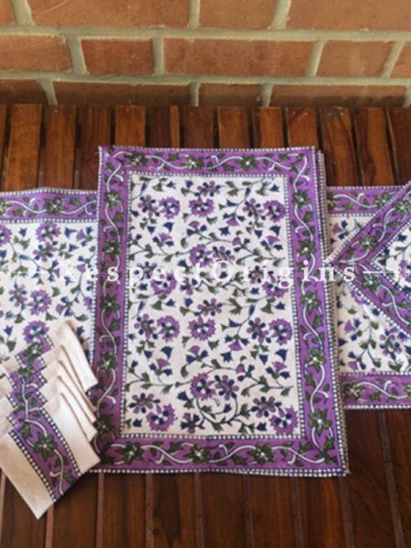 Buy Hand Block Printed Thick Floral Design Cotton Washable Table Mat Set with Runner and Coasters; Purple & Green On White Base At RespectOrigins.com