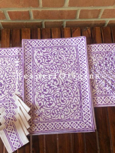 Buy Hand Block Printed Thick Floral Design Cotton Washable Table Mat Set with Runner and Coasters; Purple On White Base At RespectOrigins.com