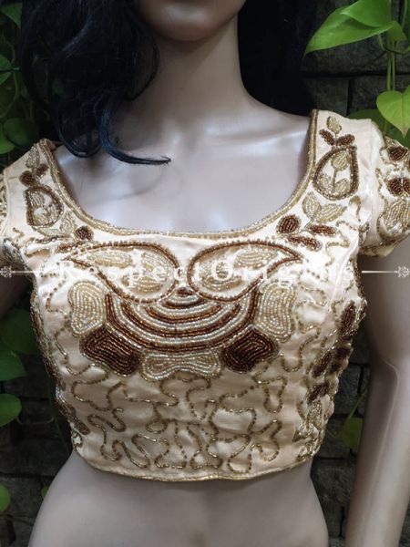 Buy Hand-Embroidered Cotton Silk Choli Blouse With Beadwork In Gold Color In at RespectOrigins.com