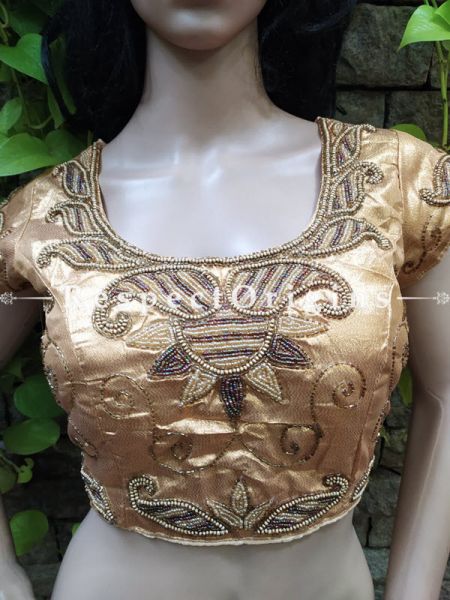 Buy Gold Colored Cotton Silk Choli Blouse With Hand-Embroidered Beadwork at RespectOrigins.com