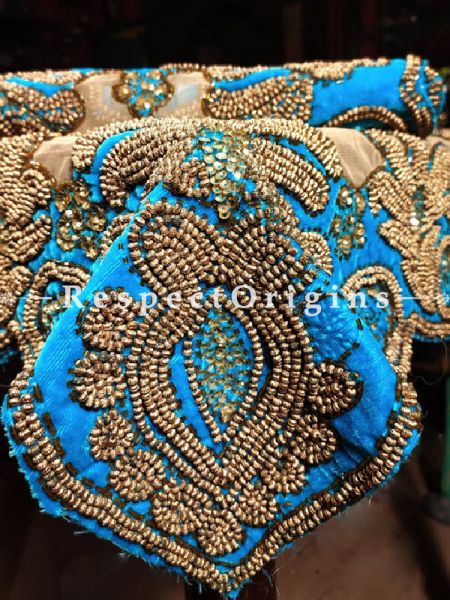 Buy Square Table Cover, Beige Net and Striking Blue Velvet with beadwork. 39x39 in At RespectOrigins.com