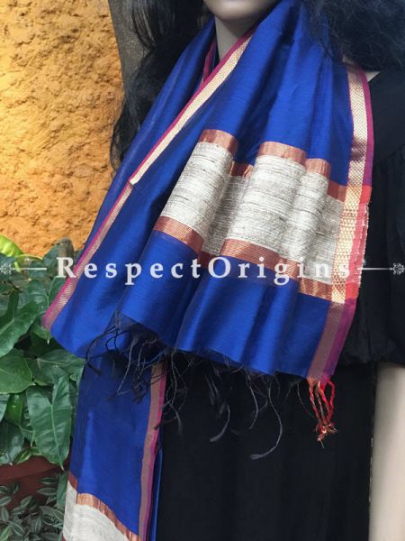 Royal Blue Handloom Maheshwari Cotton silk stole with golden Jute work and red border; RespectOrigins.com