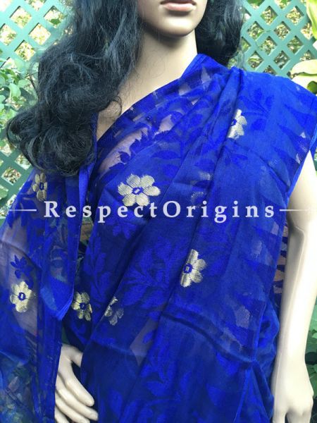 Blue; Handloomed; Dhakai Mul Cotton Saree, RespectOrigins.com