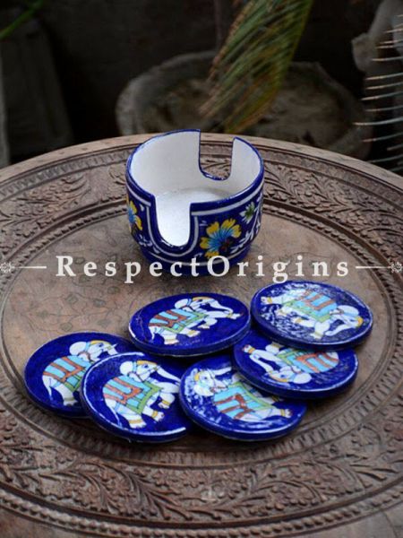 Buy Round Set of 6 Ceramic Coasters With Holder in Blue Base With Elephant Design; Handcrafted Jaipuri Blue Pottery; Dia - 4 in At RespectOrigins.com