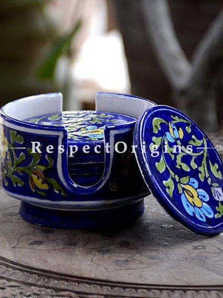 Buy Beautiful Ceramic Coasters With Holder in Blue Base With Yellow & Green Floral Design; Set of 6 Handcrafted Jaipuri Blue Pottery; Dia - 4 in At RespectOrigins.com