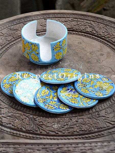 Buy Round Set of 6 Ceramic Coasters With Holder in Light Blue Base With Yellow Floral Design; Handcrafted Jaipuri Blue Pottery; Dia - 4 in At RespectOrigins.com