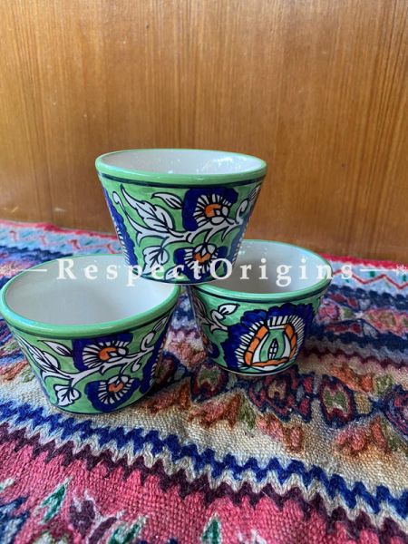 Set of Three Handpainted Mughal Design Ceramic  Khurja Pottery Coffee/Tea Cups; RespectOrigins.com