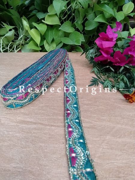 Beautiful Embroidered Silk Border; With Blue Base & Pink Gota Work; RespectOrigins.com