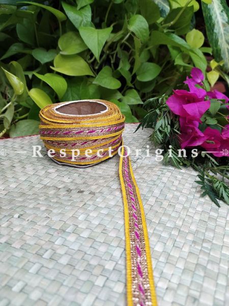 Beautiful Embroidered Silk Border; With Yellow Base & Pink-Golden Gota Work; RespectOrigins.com
