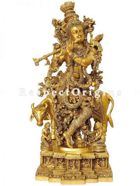 Buy Beautiful Brass Cow Krishna Statue With Flute With Antique Finish Work 30 Inches at RespectOrigins.com