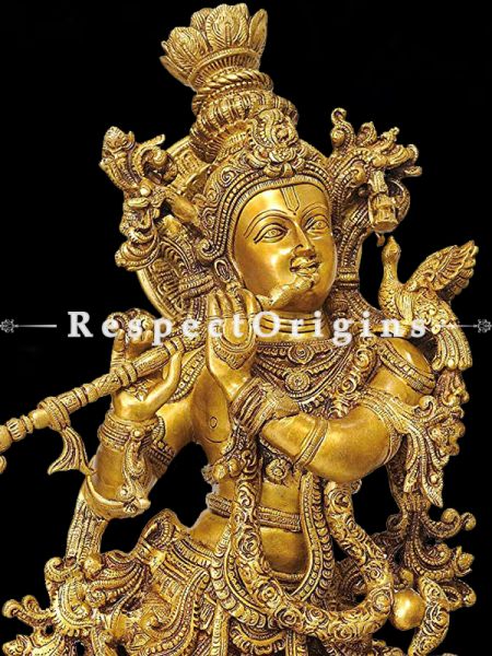 Beautiful Brass Cow Krishna Statue With Flute With Antique Finish Work; 30 Inches