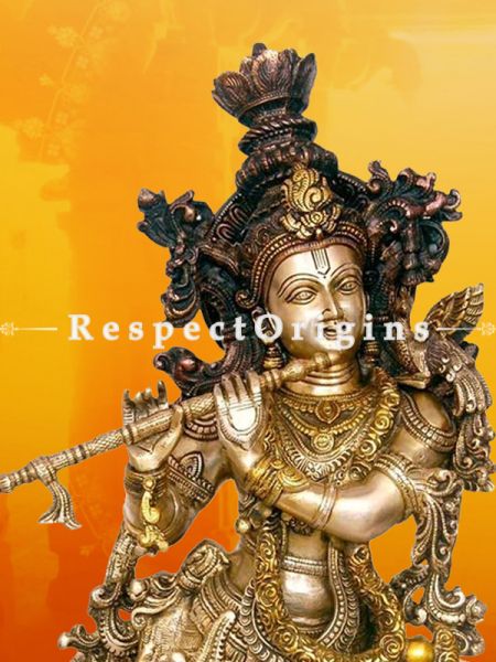 Joyful Brass Idol Of Lord Krishna While Playing Flute; 26 Inches
