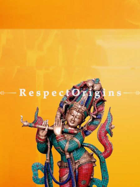 Buy Beautiful Brass Handcrafted Krishna Statue Turquoise Work 36 Inches at RespectOrigins.com
