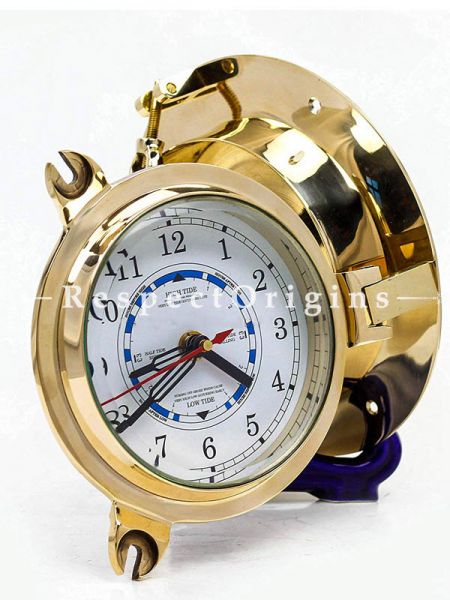 Buy Premium Shiny Lustre Brass Polished Porthole Tide Time Clock Nautical Home Decor At RespectOrigins.com