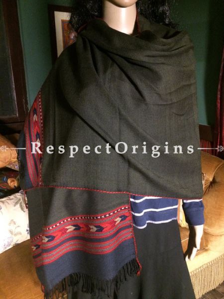 Buy Brown Hand woven Woolen Kullu Stoles From Himachal with black and red borders; Size 80 x 27 inches at RespectOrigins.com