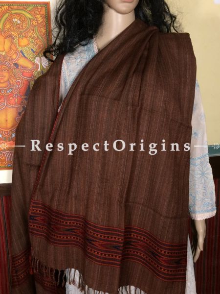 Buy Brown Hand woven Woolen Kullu Stoles From Himachal with orange border; Size 80 x 27 inches at RespectOrigins.com
