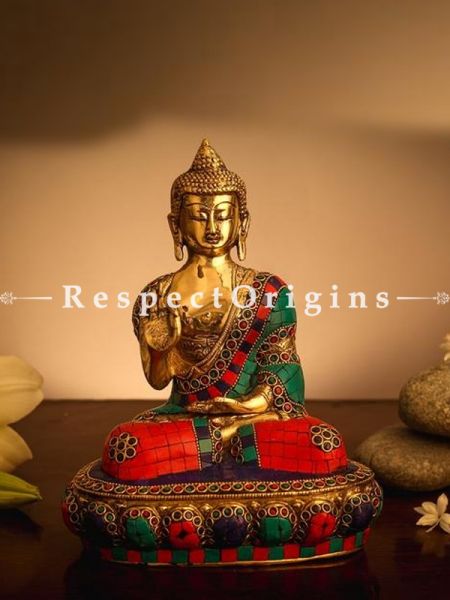 Buy  Turquoise Brass Buddha In Blessing Posture Home Decor Sculpture 10 X 7 Inches at RespectOrigins.com