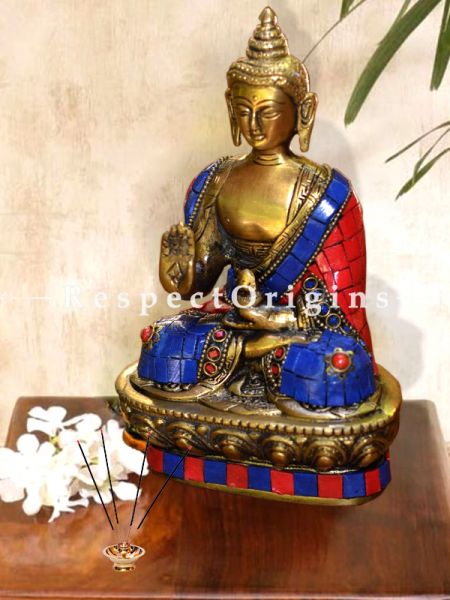 Buy Brass Blessing Buddha Figurine With Turquoise Stone Work Lotus Sitting Buddhist Statue 7 X 4.5  at RespectOrigins.com