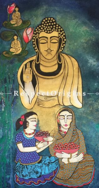Vertical Art Painting of Buddha;Acrylic on Canvas; 28in X 56in at RespectOrigins.com