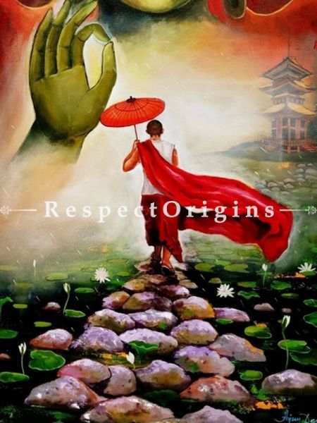 Buddha and Monk  Painting - 33In x 60In. Acrylic On Canvas Painting by Arjun Das.