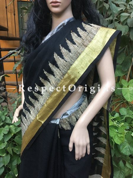 Buy Black Handloom Linen Saree; Grey Zari Temple Border; RespectOrigins.com