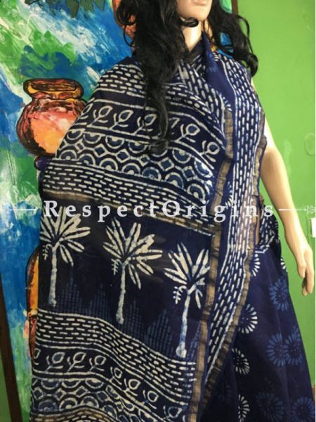 Buy Chanderi Blue Silk Ajrakh Print Sarees Online;  RespectOrigins.com