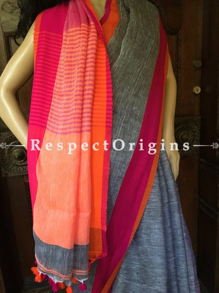 Buy Exclusive Handwoven Grey Linen Saree; Pink Border; RespectOrigins.com