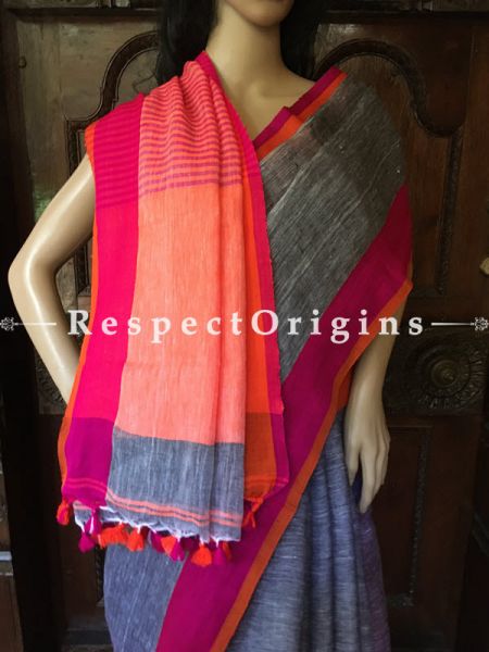 Buy Exclusive Handwoven Grey Linen Saree; Pink Border; RespectOrigins.com