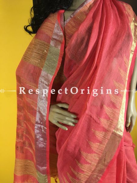 Buy Handloom Linen Saree; Pink Two Tone Zari Border; RespectOrigins.com