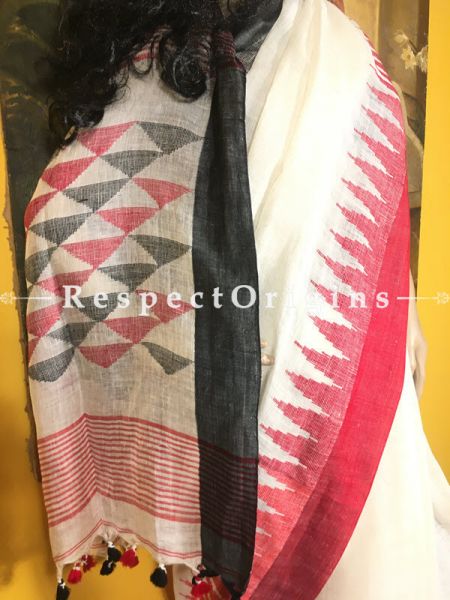 Buy Handloom Linen Saree; White Red Black Temple Border; RespectOrigins.com