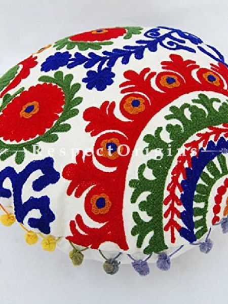 Buy Set of 2 Handmade Suzani Embroidery Cotton Round Cushion Cover in White At RespectOrigins.com