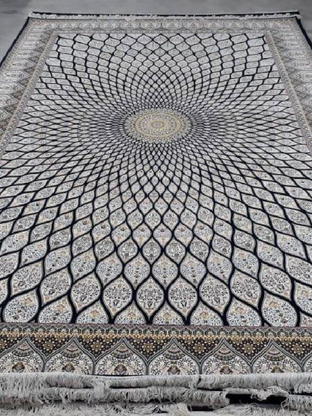 Illusion; Cream and Black  Hand-knotted Silk on Silk Kashmiri Persian-style Carpet; 5 X 7 Feet. RespectOrigins.Com