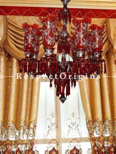Buy Ruby Red Stunning 8-Arm Handmade Glass Lamp Chandlelier with Silver Hand-painted Floral Motifs. At RespectOriigns.com