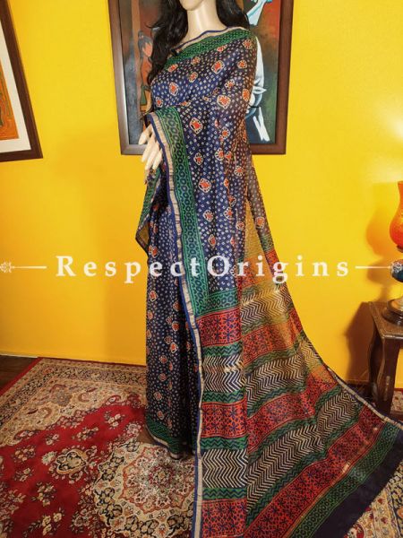 Charming Chanderi Silk Saree with Zari Border in Blue n Maroon; Blouse included.; RespectOrigins.com
