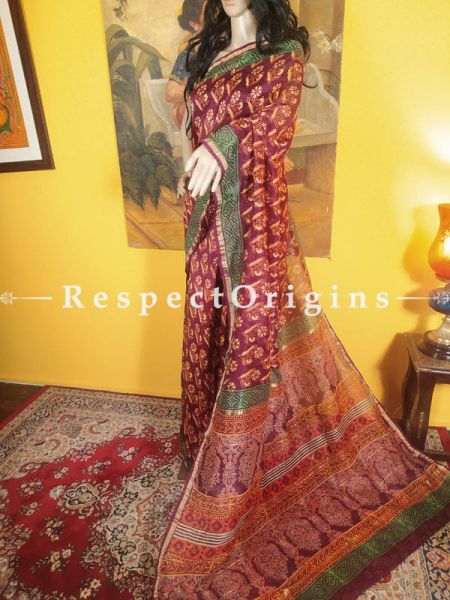 Ajrakh Coloured Chanderi Silk Saree with Zari Border; Blouse included.; RespectOrigins.com