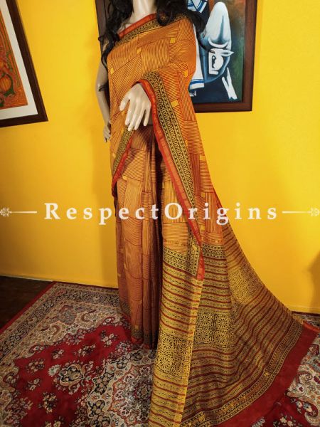 Mustard Yellow n Brick Red Chanderi Silk Saree with Zari Border; Blouse included.; RespectOrigins.com
